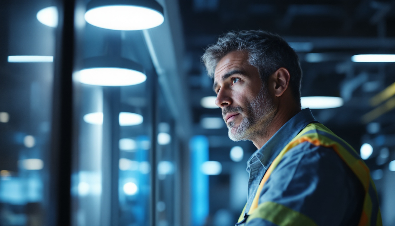 A photograph of a lighting engineer examining a modern led canlight installation in a well-lit environment