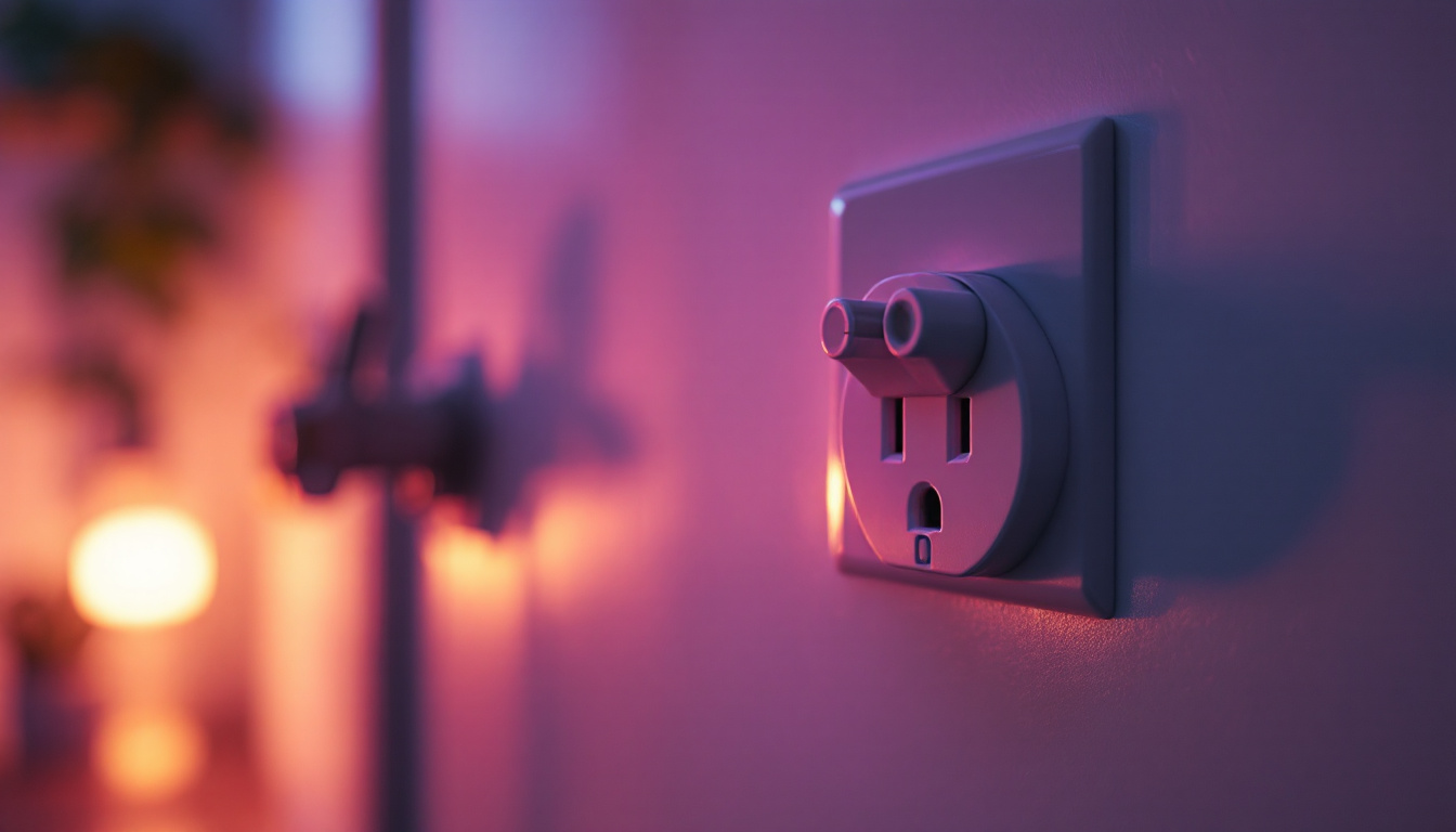 A photograph of a close-up shot of a securely locked electrical outlet plug in use