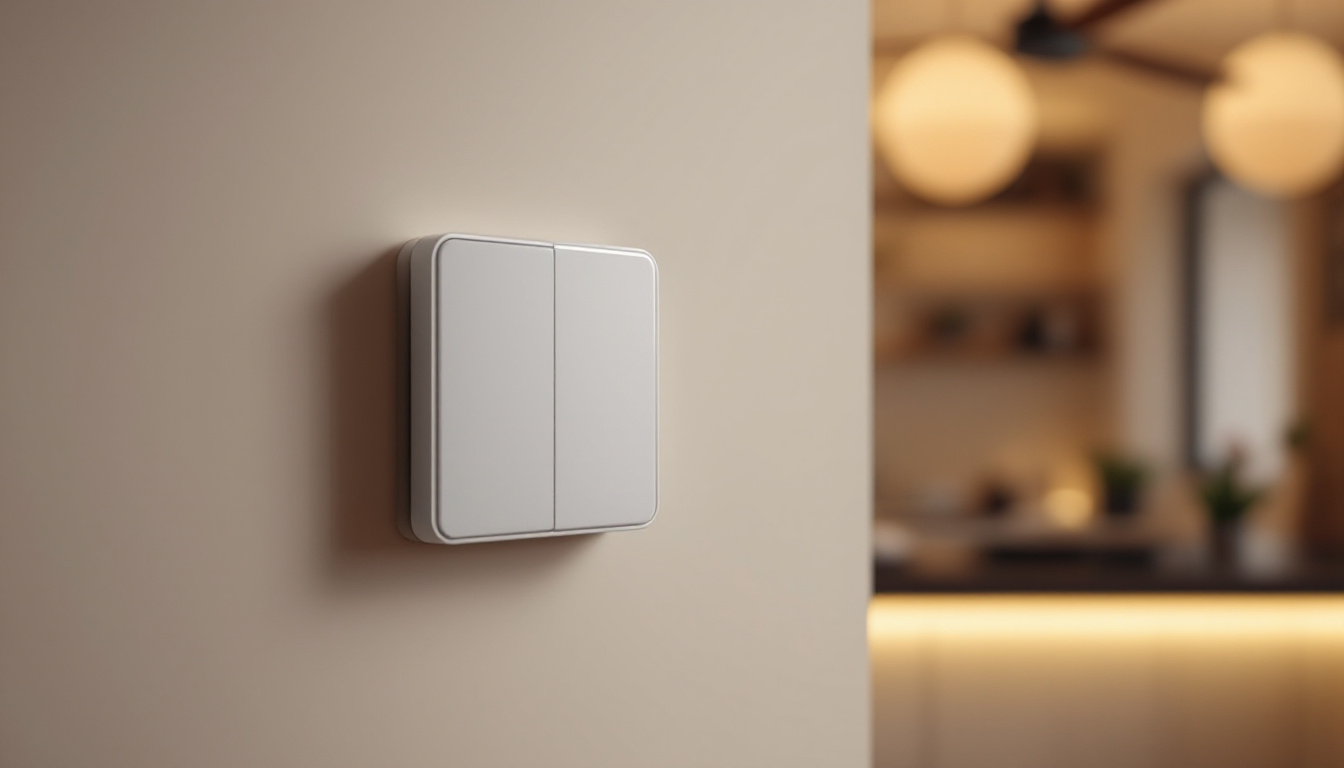 A photograph of a modern wall switch designed for ceiling fans
