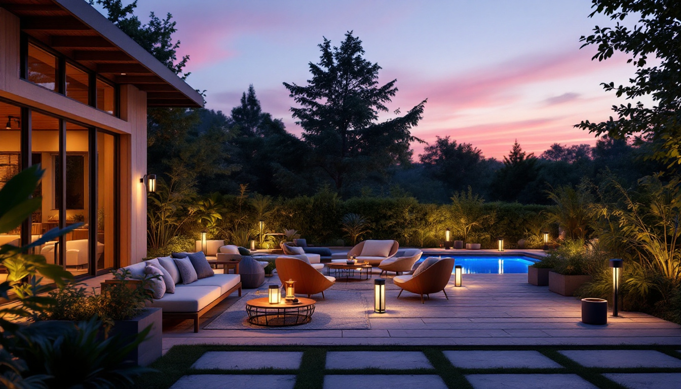 A photograph of a beautifully illuminated patio at dusk
