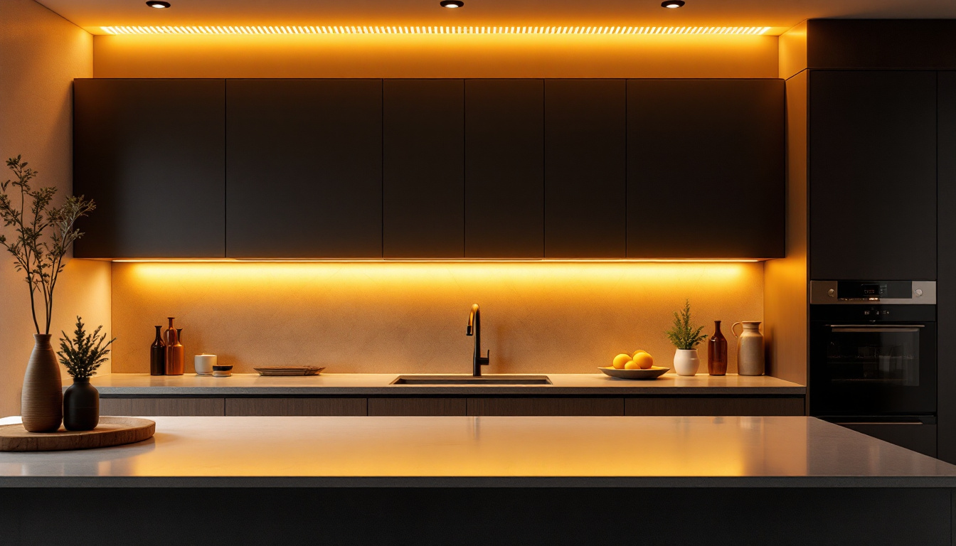 A photograph of a well-designed under-cabinet lighting setup in a modern kitchen