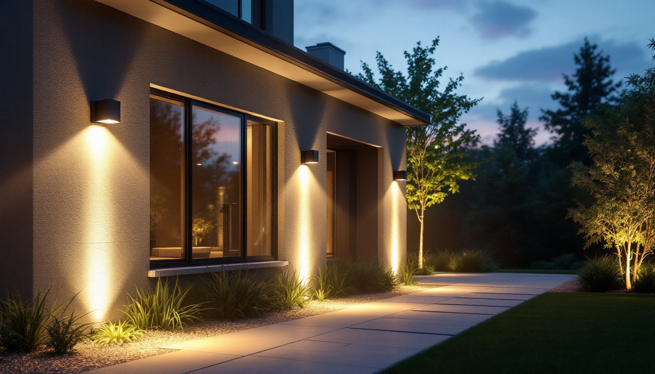 A photograph of a beautifully lit outdoor space showcasing led exterior flood lights illuminating architectural features or landscaping at dusk