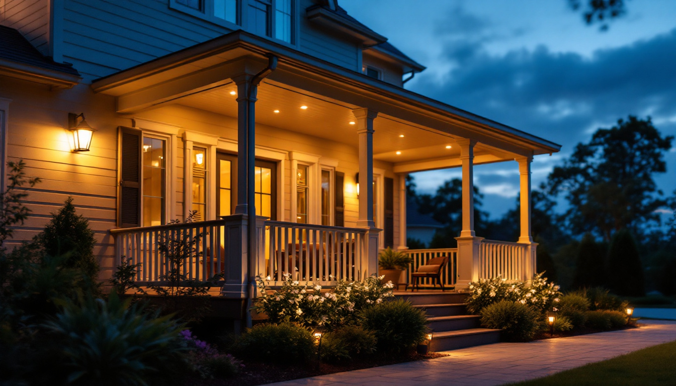 A photograph of a beautifully illuminated porch featuring stylish outdoor lighting fixtures
