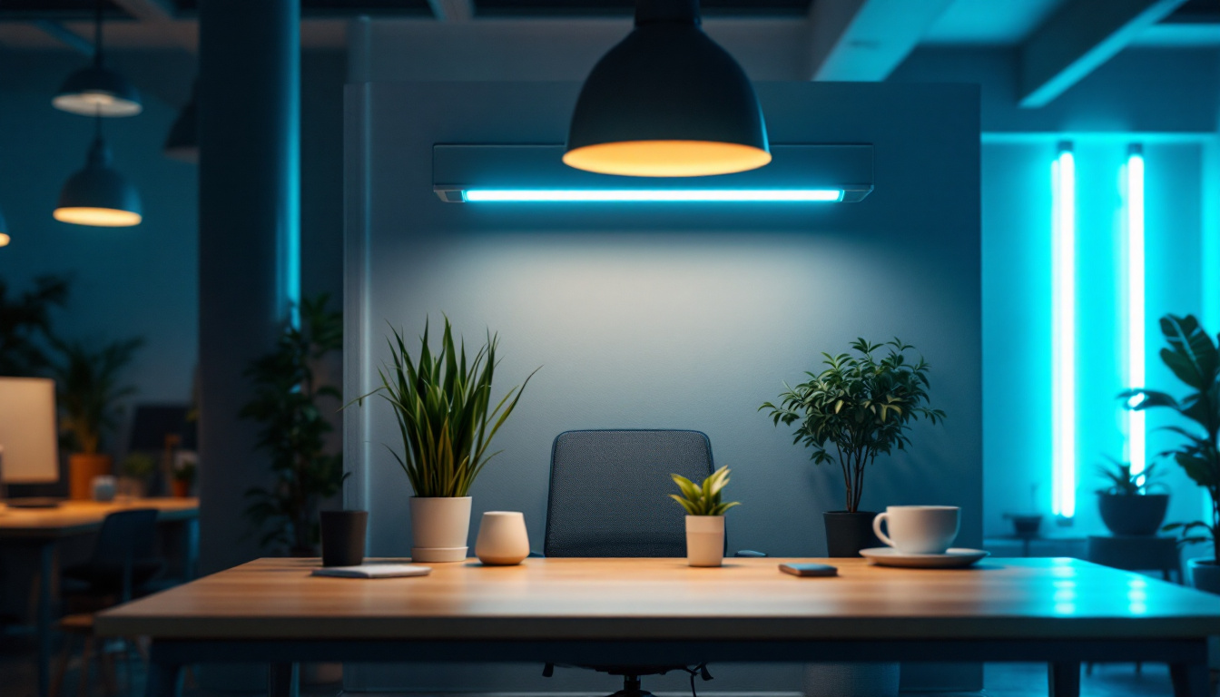 A photograph of a well-lit workspace featuring an 8-foot fluorescent bulb prominently illuminating the area