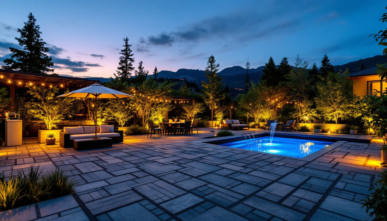 A photograph of a beautifully lit outdoor space at dusk