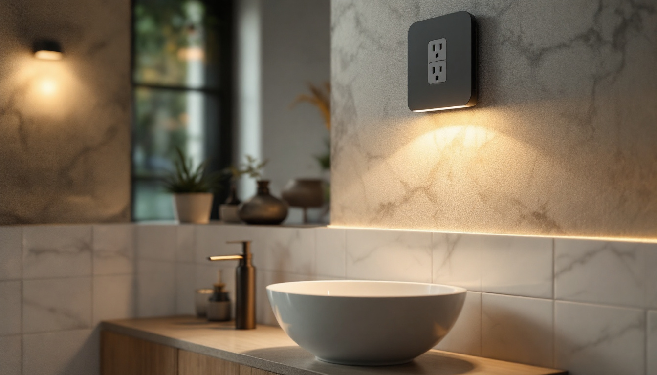 A photograph of a stylish vanity light fixture with an integrated outlet
