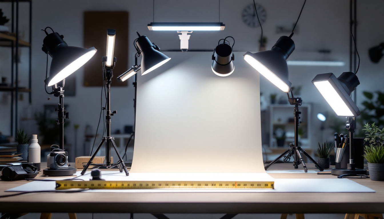 A photograph of a well-lit workspace featuring various linkable shop lights in use