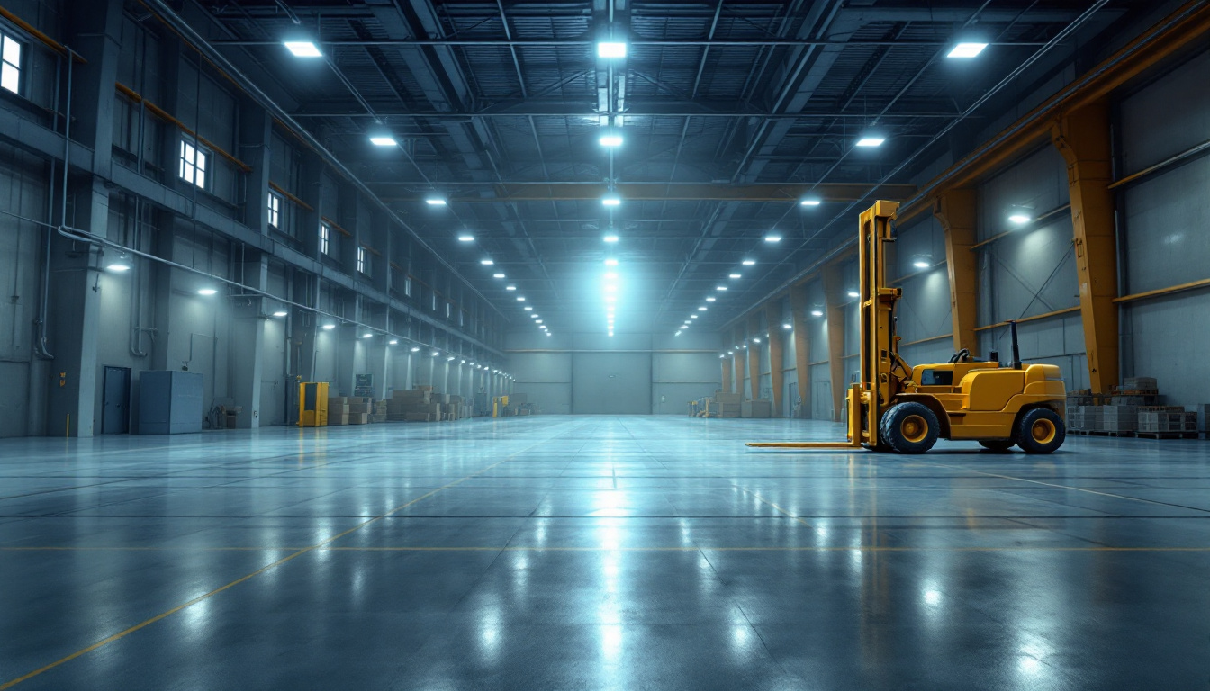 A photograph of a spacious industrial warehouse illuminated by bright