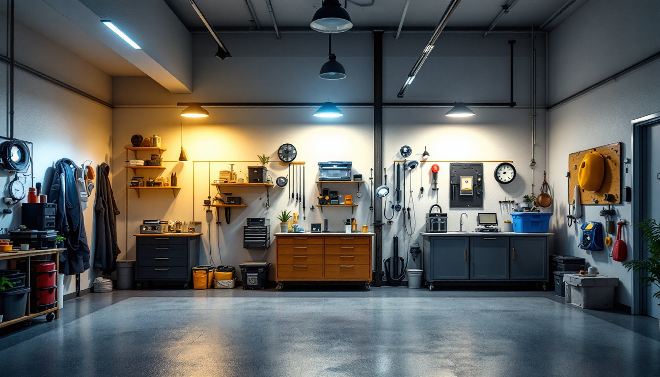 A photograph of a well-lit garage showcasing various types of lighting fixtures