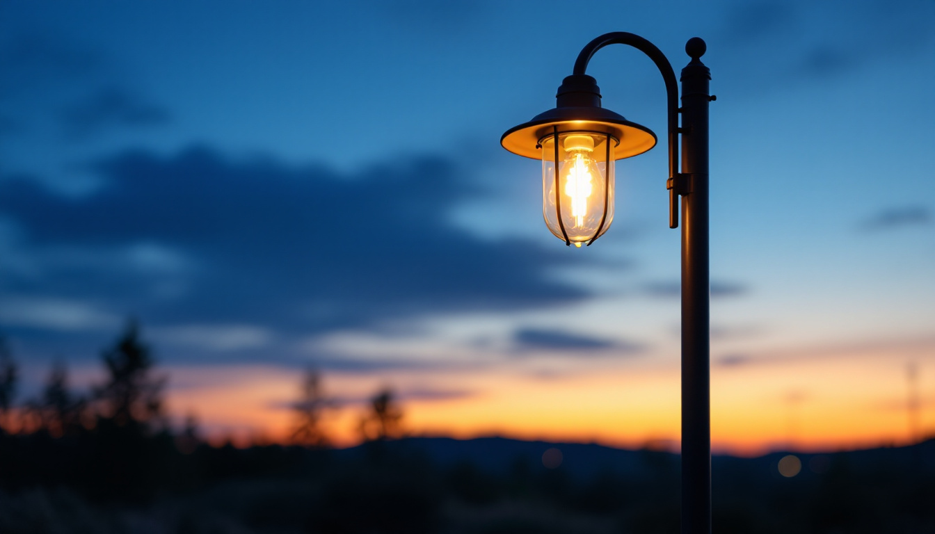 A photograph of a beautifully illuminated outdoor lamp post at dusk