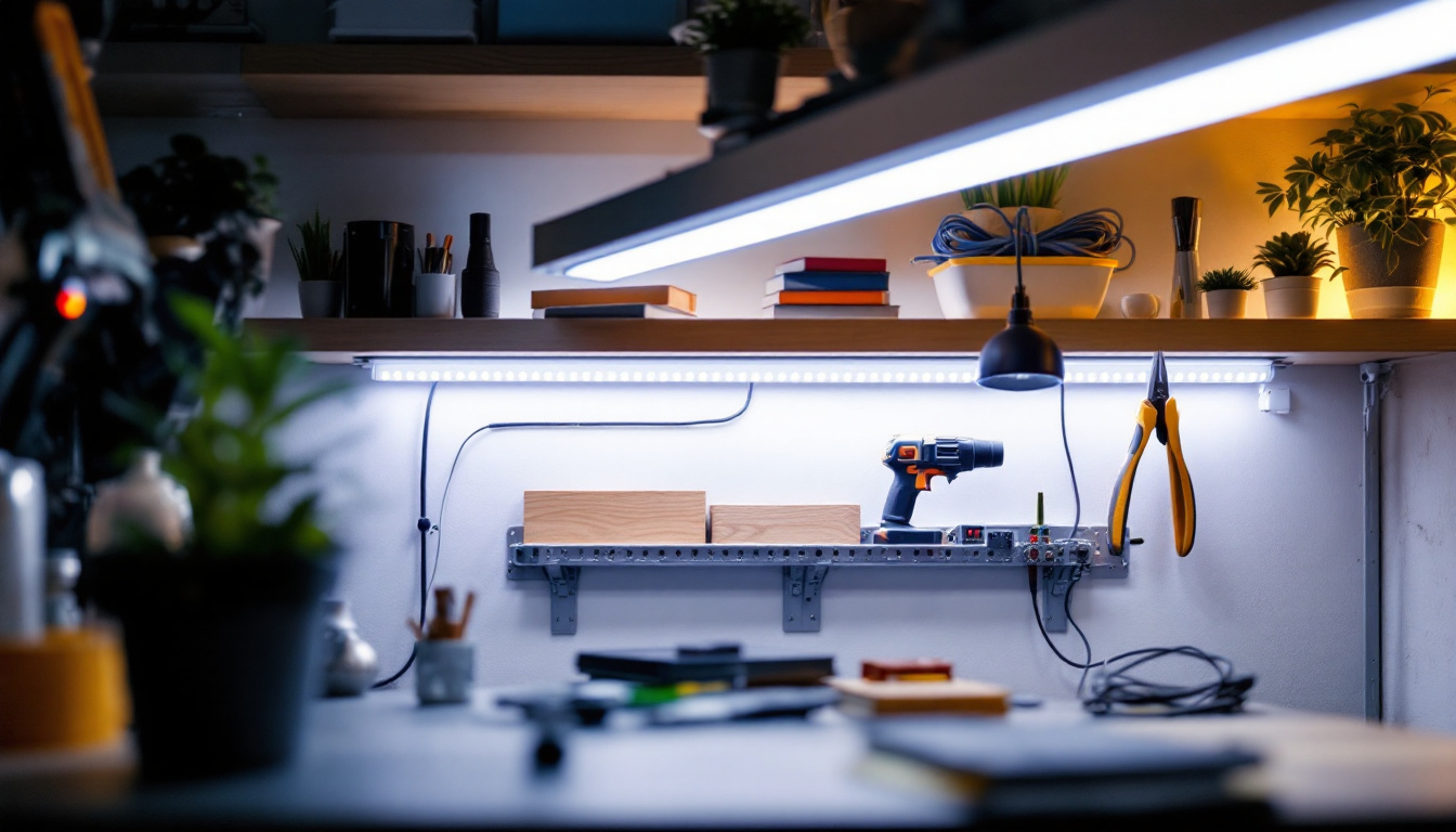 A photograph of a well-lit workspace featuring an electrical engineer installing under-shelf led strip lighting
