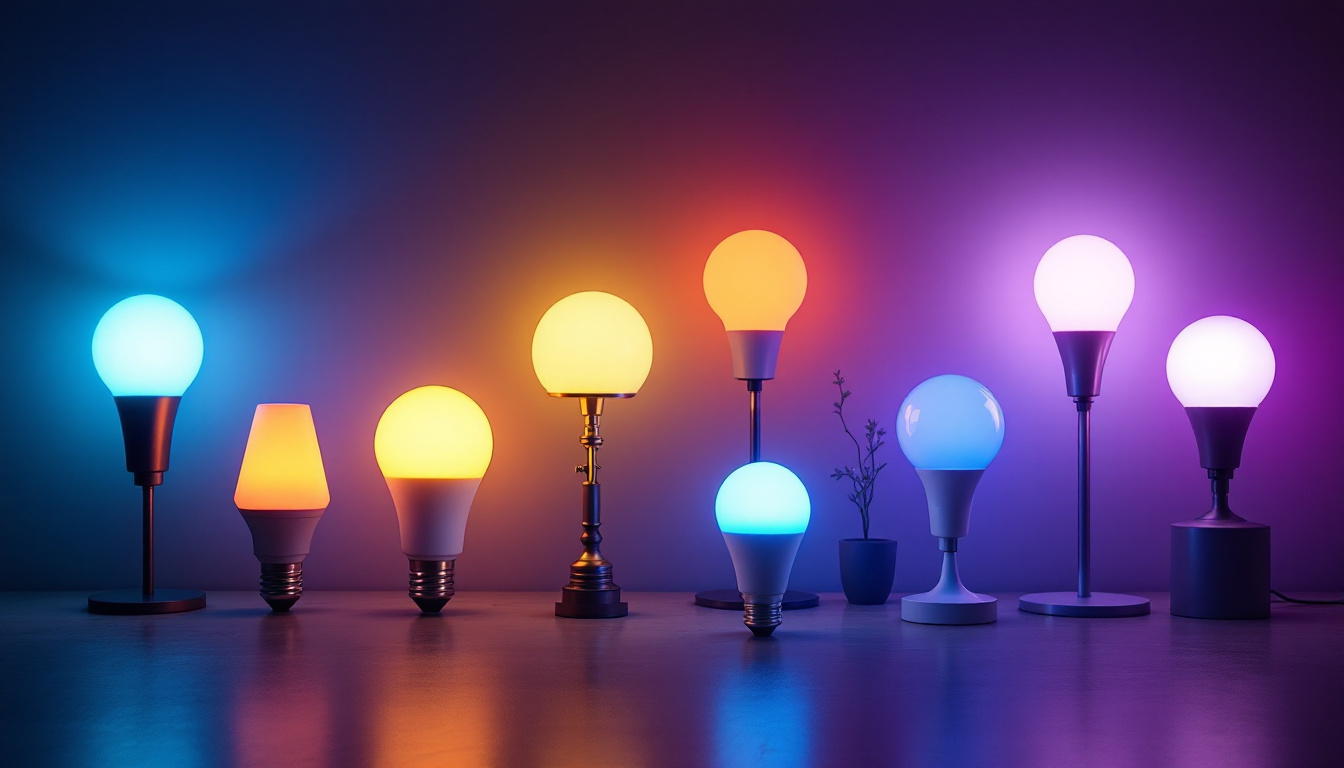 A photograph of a visually striking arrangement of eight different led lamps in various styles and colors