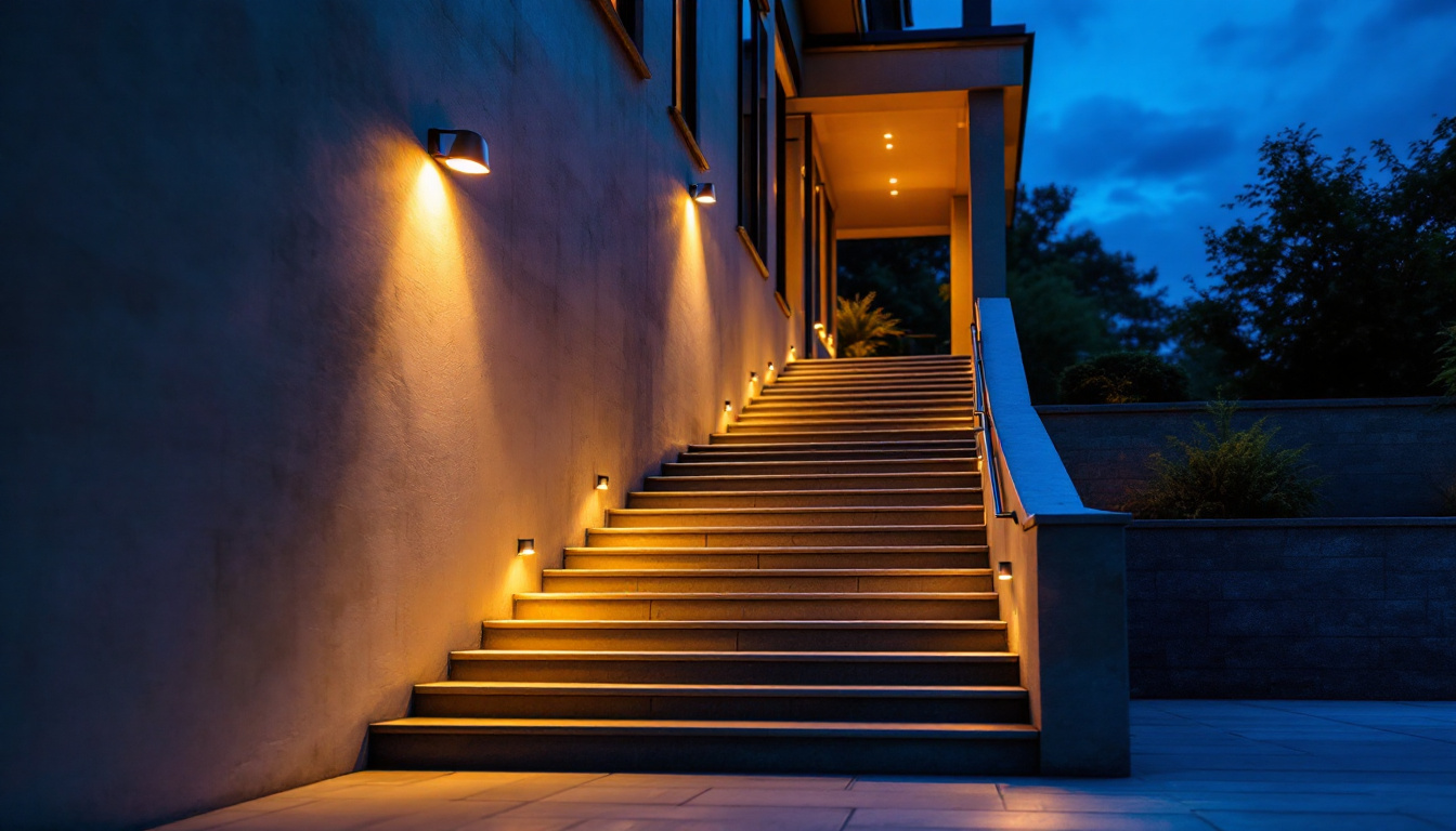 A photograph of a beautifully illuminated exterior stairway at dusk