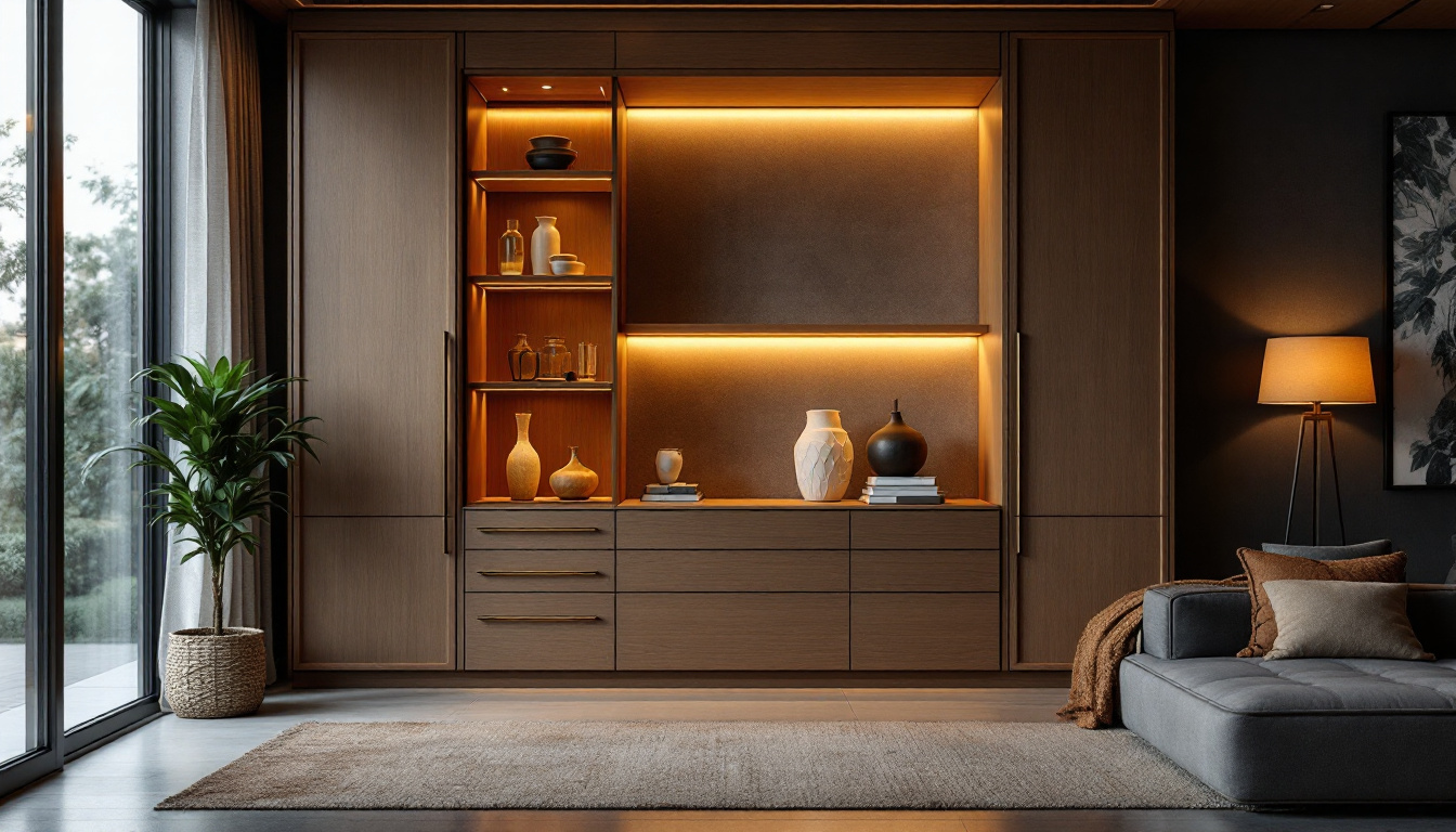 A photograph of a beautifully designed cabinet with integrated lighting that highlights its features and enhances the ambiance of the room