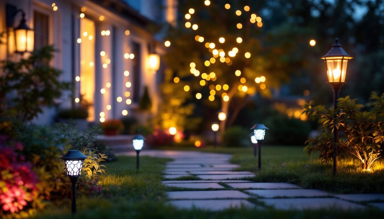 A photograph of a beautifully illuminated outdoor space featuring various styles of solar decorative lights