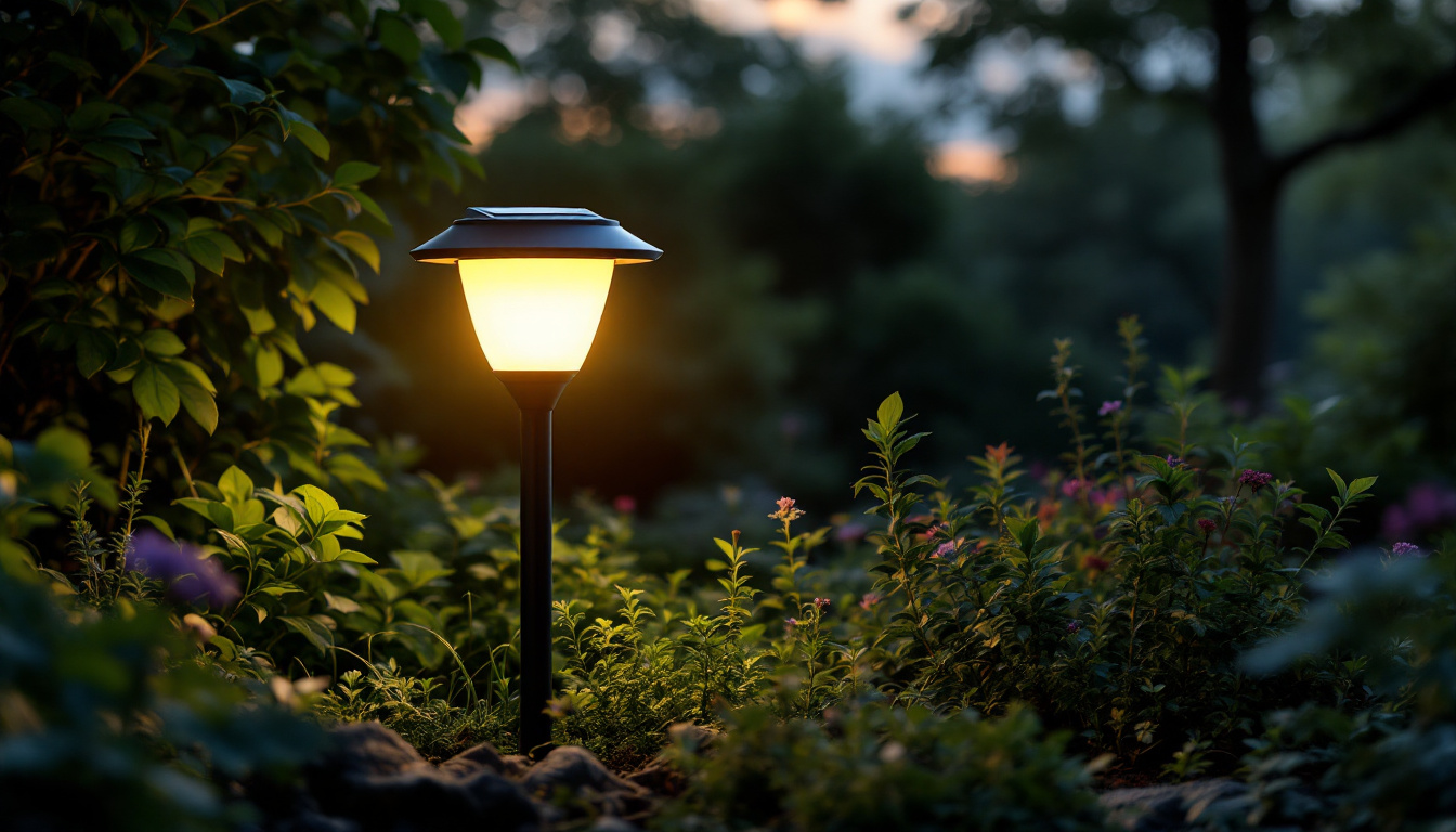 A photograph of a beautifully designed solar-powered garden light illuminating a lush garden at dusk