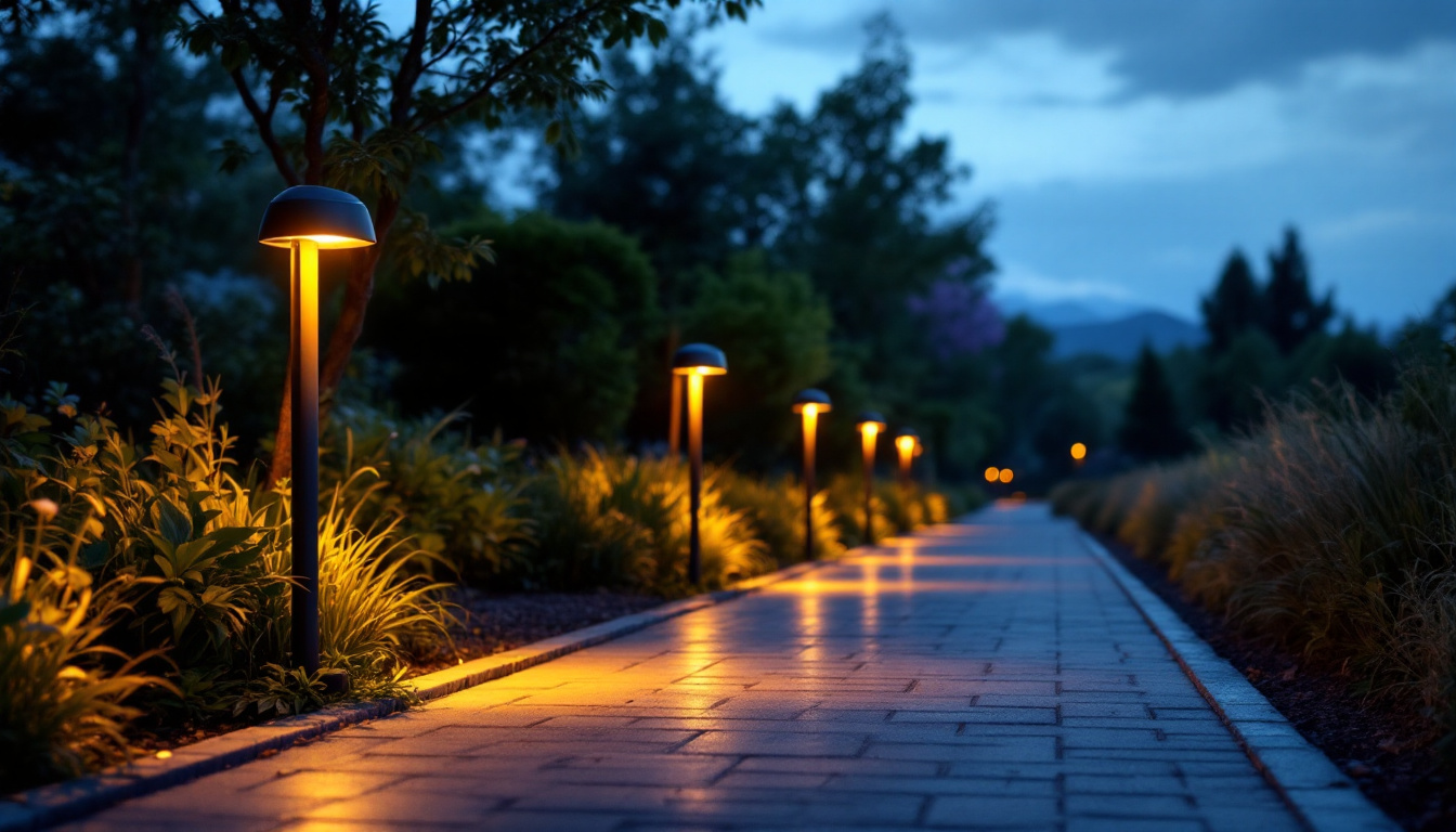 A photograph of a beautifully illuminated walkway lined with stylish solar-powered lights