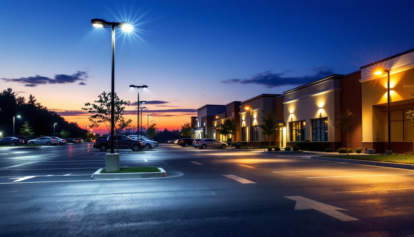 A photograph of a well-lit commercial parking lot at dusk