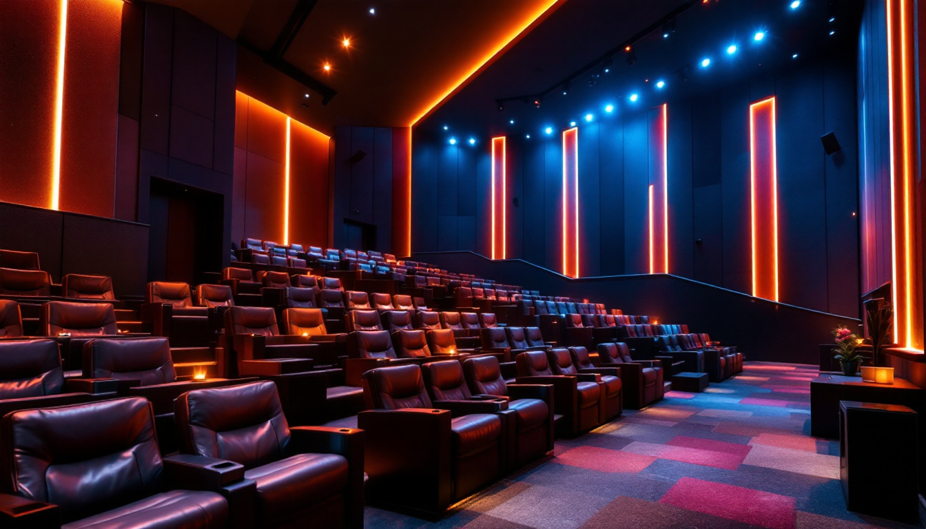 A photograph of a modern movie theater interior showcasing the interplay of ambient and accent lighting