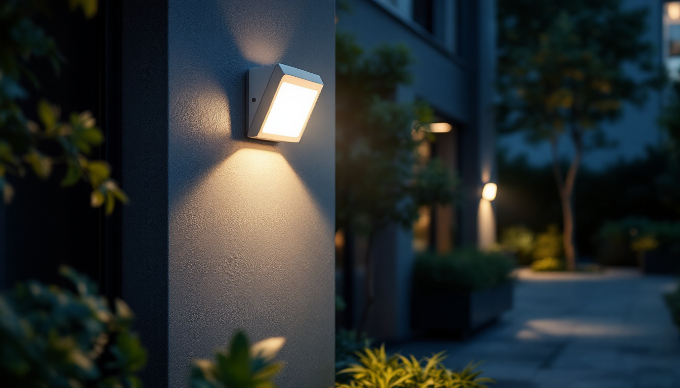 A photograph of a well-lit outdoor space featuring a stylish motion sensor light in action
