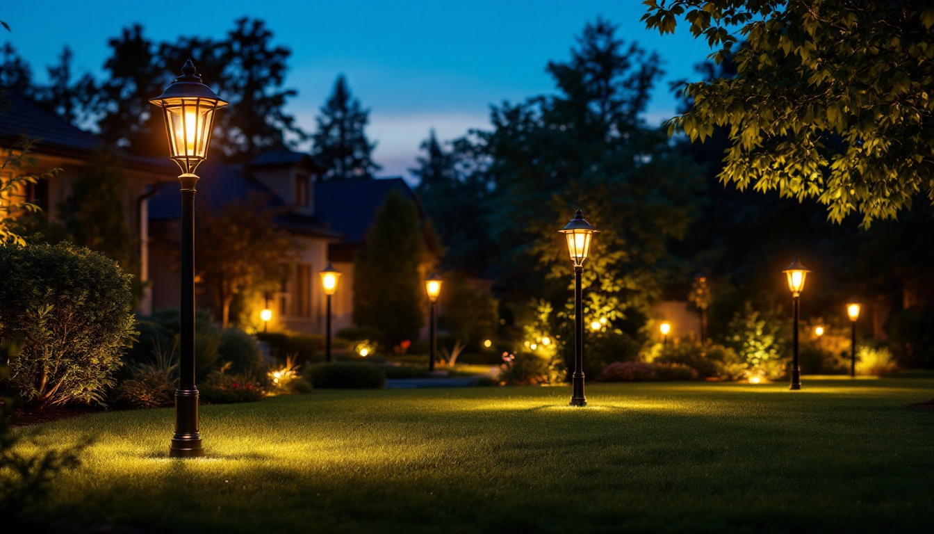 A photograph of a beautifully illuminated yard at dusk