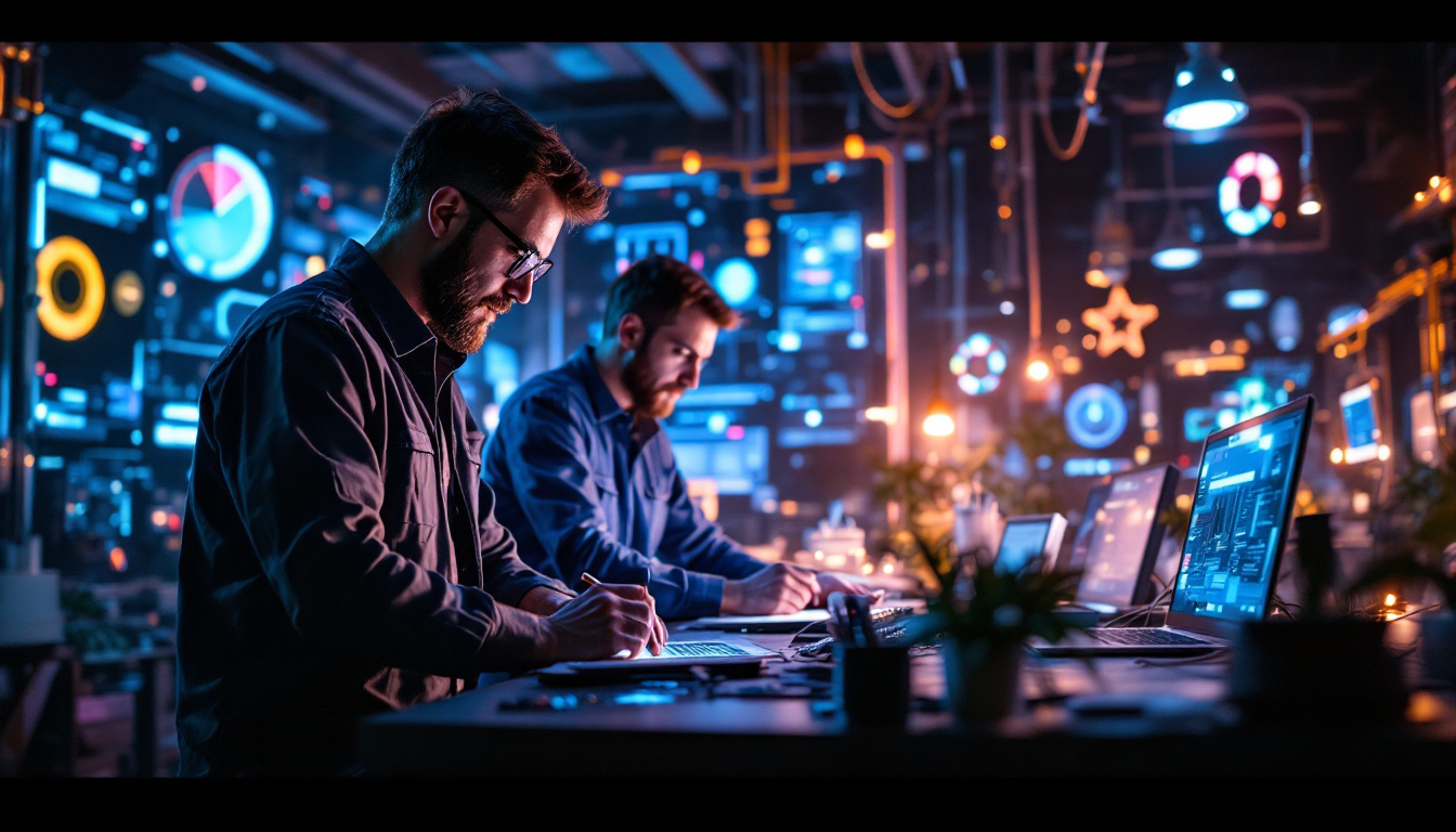 A photograph of a dynamic scene showcasing engineers collaborating on cutting-edge electrical projects
