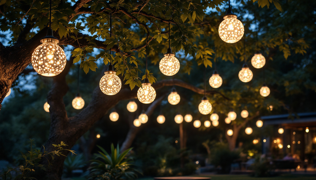 A photograph of a beautifully illuminated outdoor space featuring large-scale solar pendant lights hanging from trees or structures