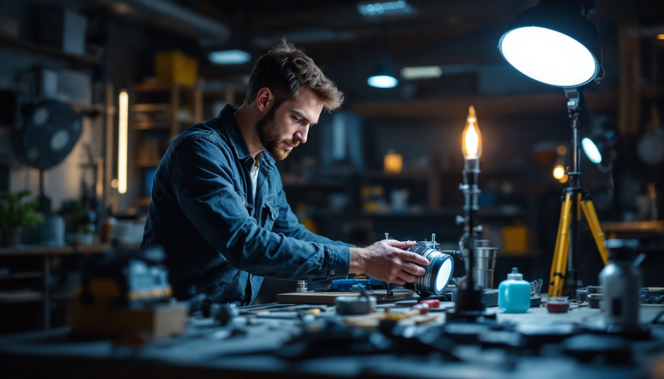 A photograph of a technician measuring the dimensions of a lighting fixture's ballast in a well-lit workspace