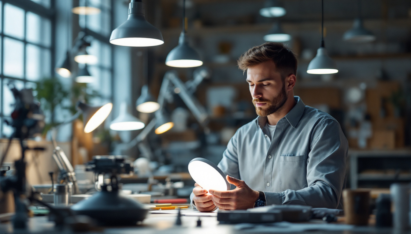 A photograph of a well-lit engineering workspace showcasing various lighting fixtures and tools