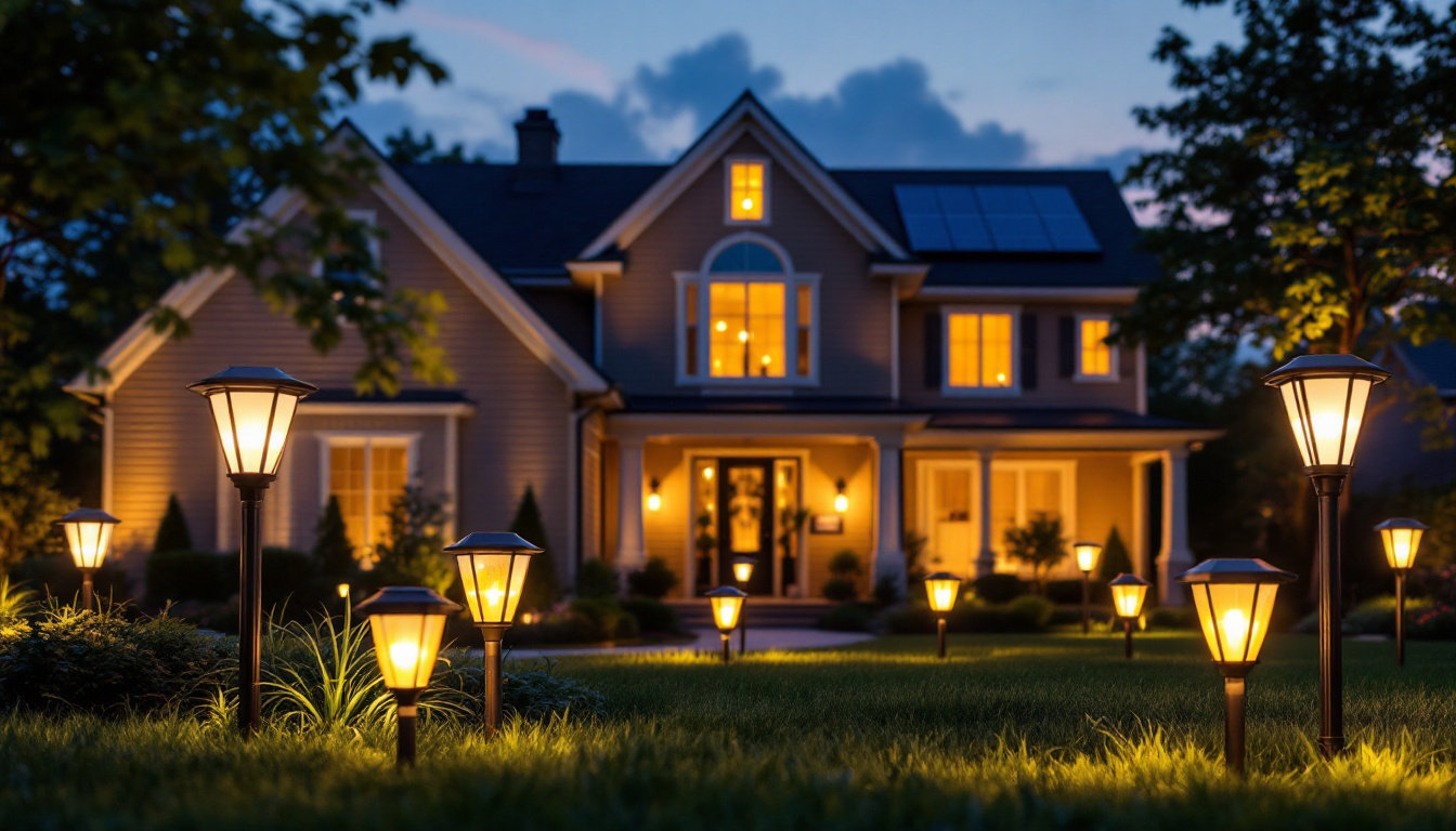 A photograph of a beautifully illuminated front yard featuring various styles of solar lights in action during twilight