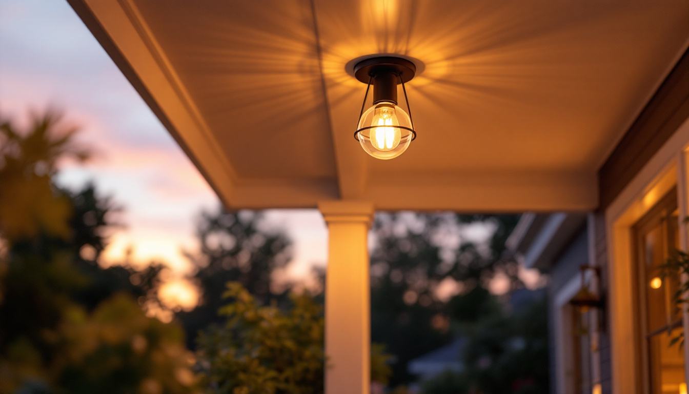 A photograph of a beautifully designed porch ceiling light illuminated at dusk
