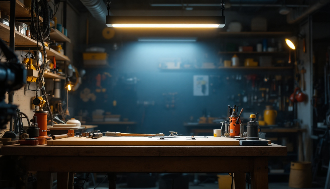 A photograph of a well-lit workshop or engineering space featuring a 4-foot led shop light in action