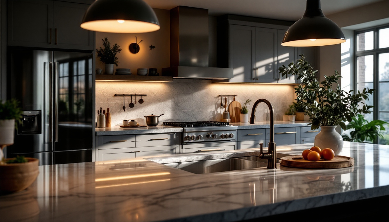 A photograph of a beautifully designed island kitchen illuminated by natural and artificial light