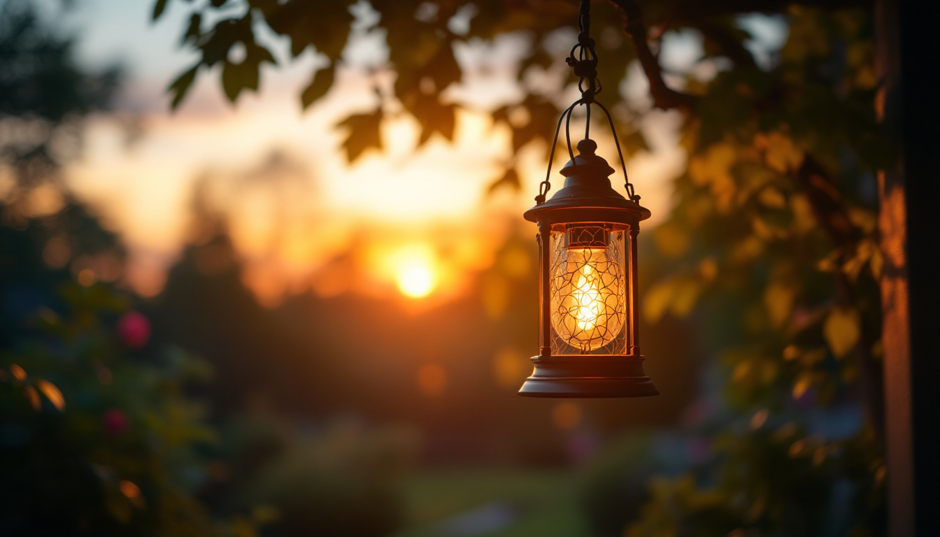 A photograph of a beautifully designed outdoor lamp hanging in a serene garden setting during twilight