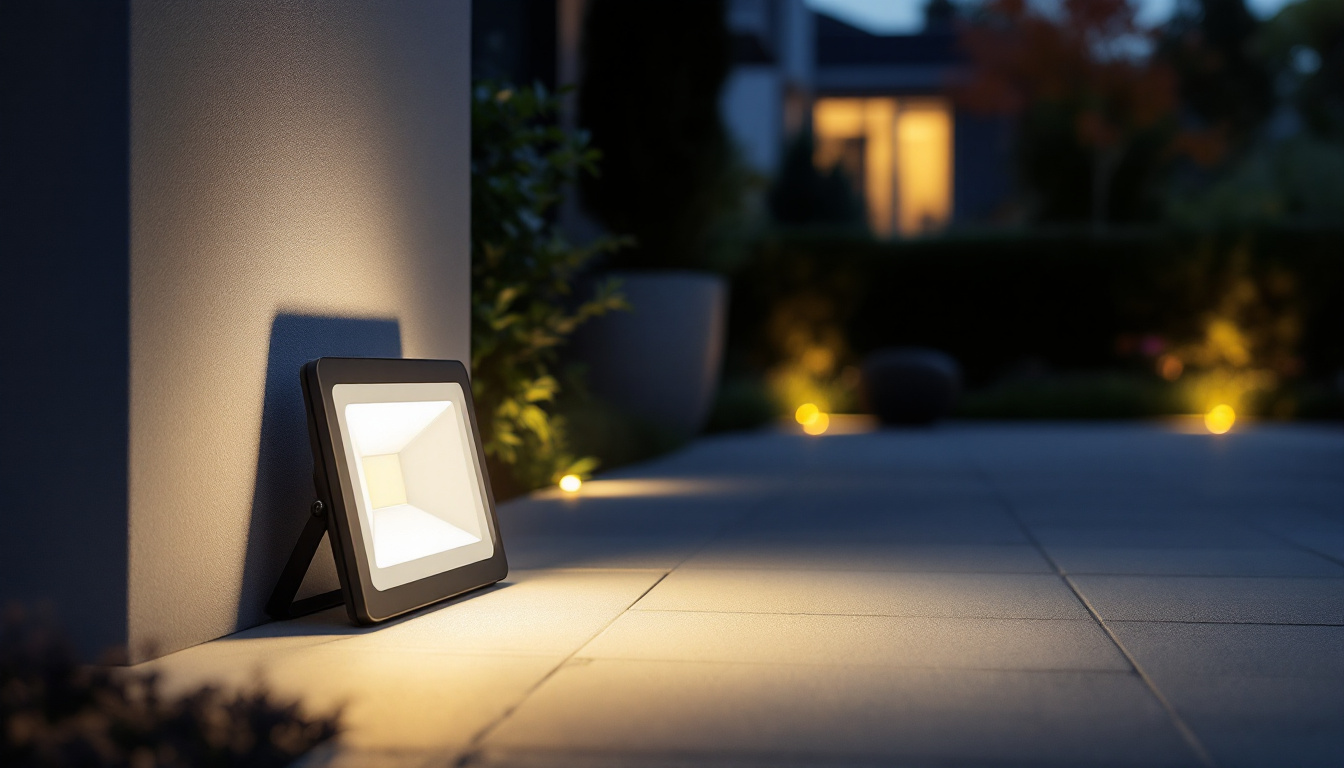 A photograph of a well-lit outdoor space featuring a sleek led flood lamp illuminating the area softly