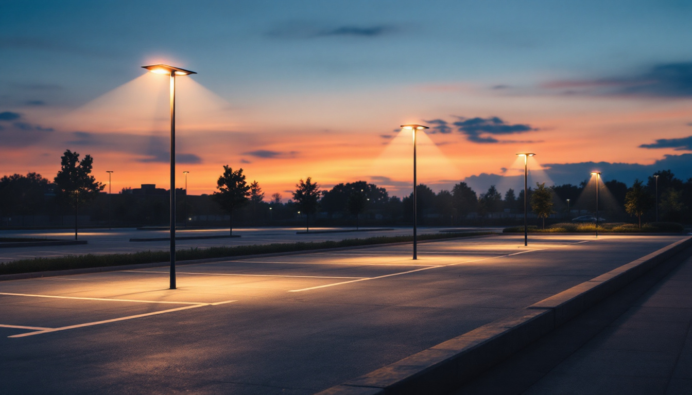 A photograph of a well-lit parking lot at dusk