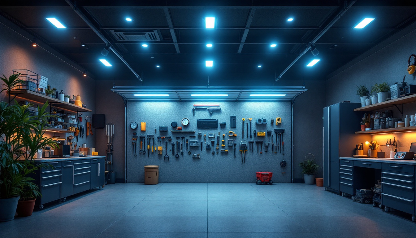 A photograph of a well-lit garage featuring various styles of recessed lighting