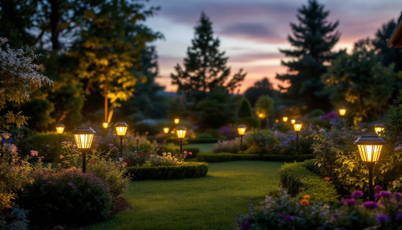 A photograph of a beautifully landscaped garden illuminated by various styles of outdoor solar lights at dusk