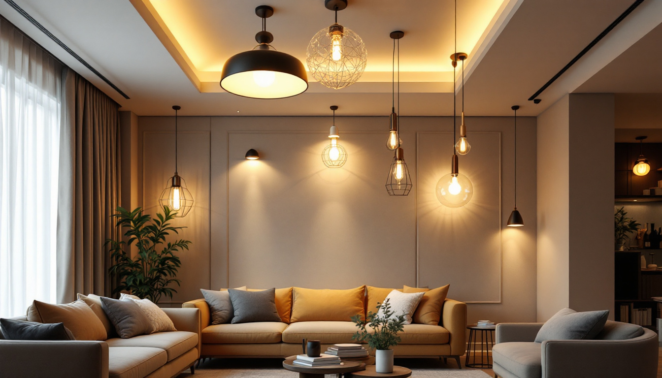 A photograph of a beautifully designed living room featuring various ceiling light fixtures