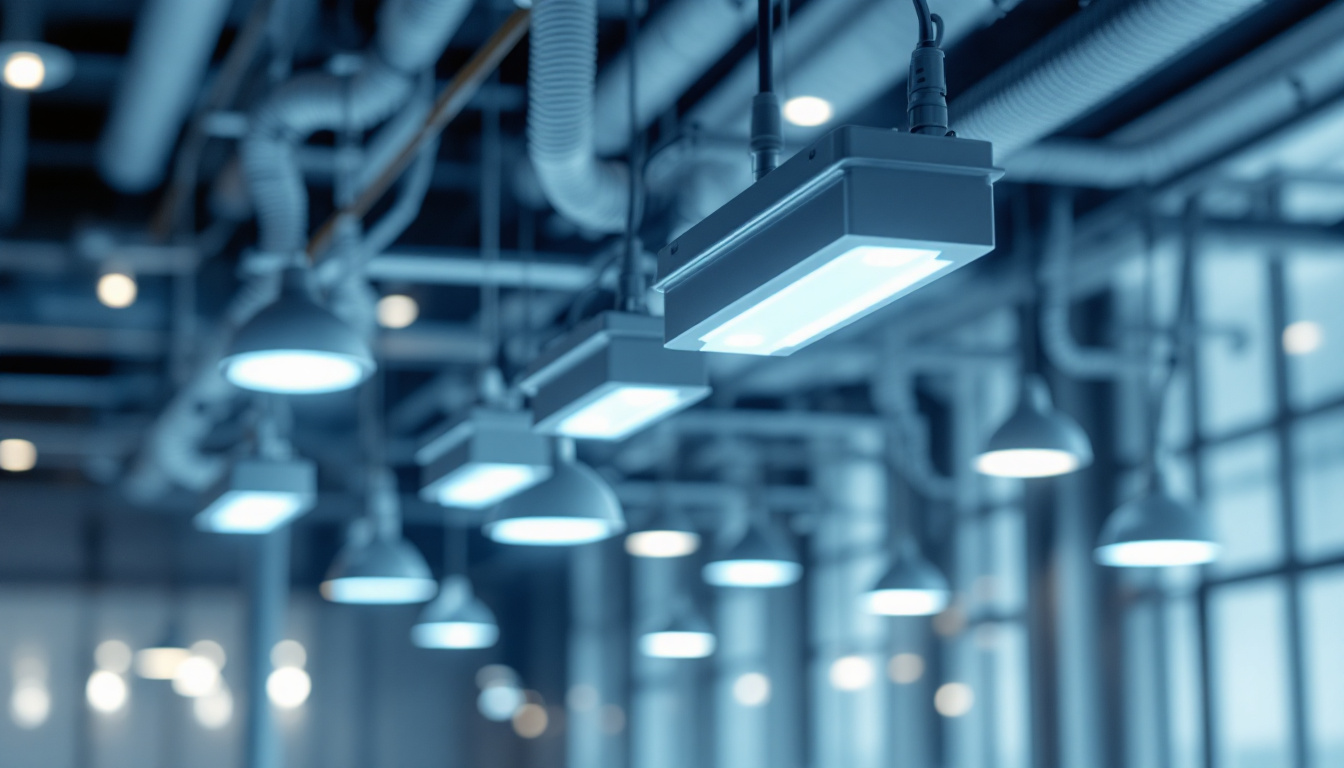 A photograph of a modern lighting system featuring various types of electrical ballasts