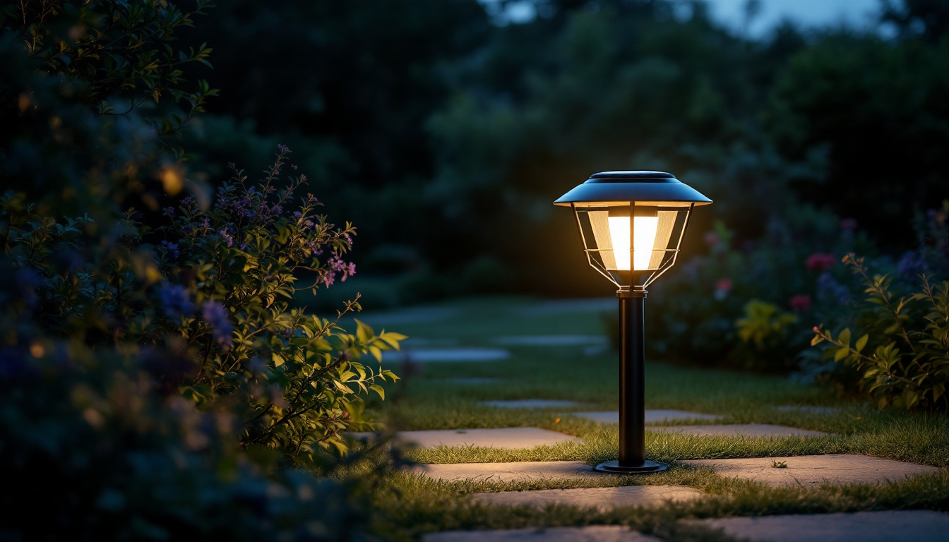 A photograph of a gama sonic solar lamp elegantly illuminated in a serene outdoor setting