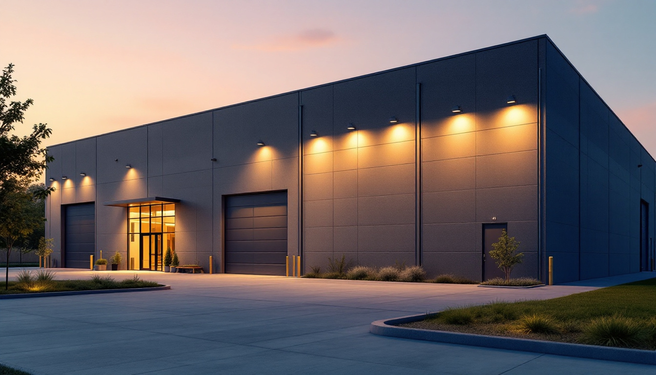 A photograph of a well-lit warehouse exterior during the golden hour