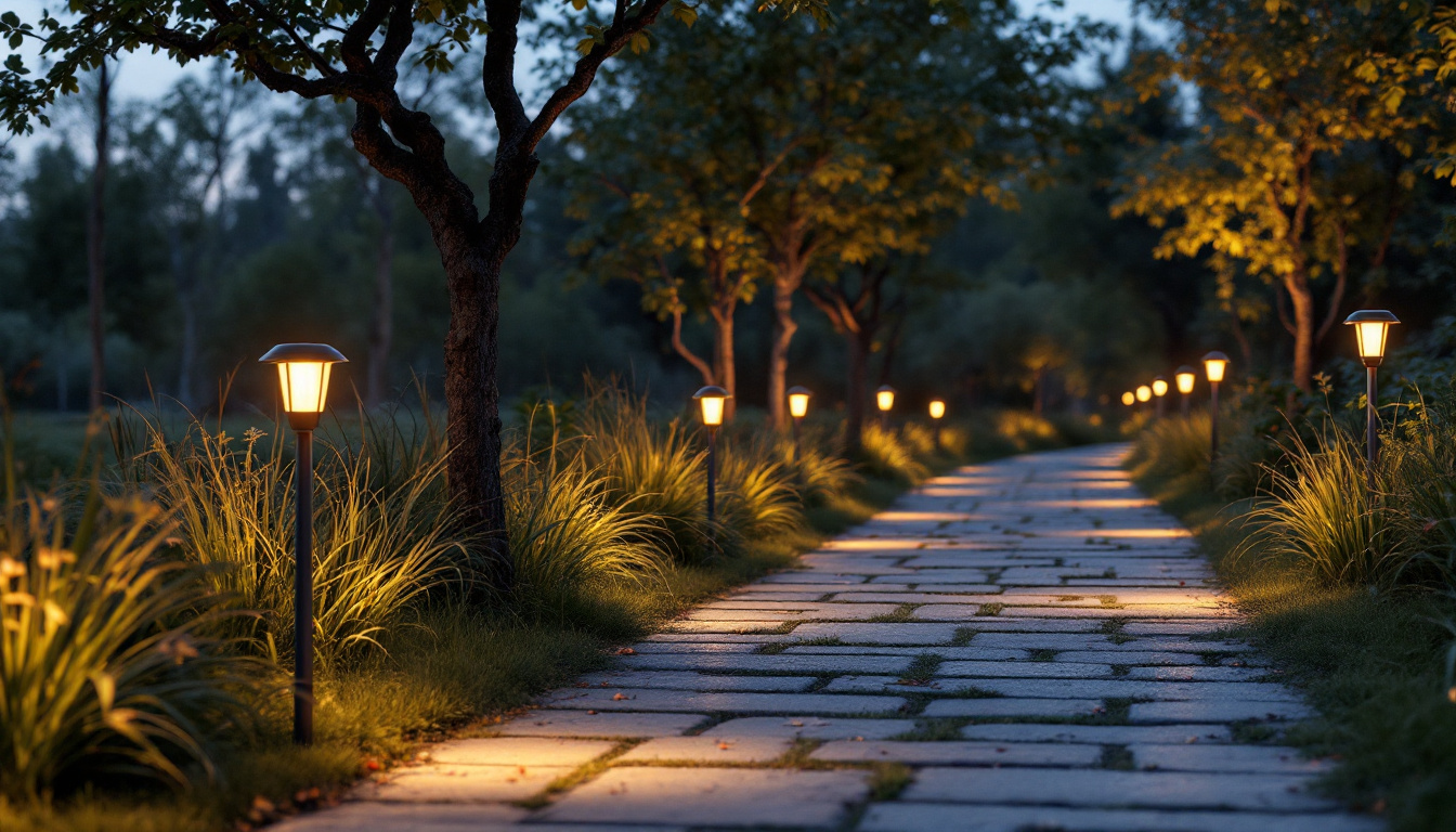 A photograph of a beautifully illuminated outdoor path featuring various solar path lights in a serene setting