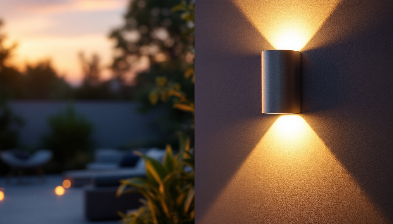 A photograph of a beautifully designed exterior led wall sconce illuminating a stylish outdoor space at dusk