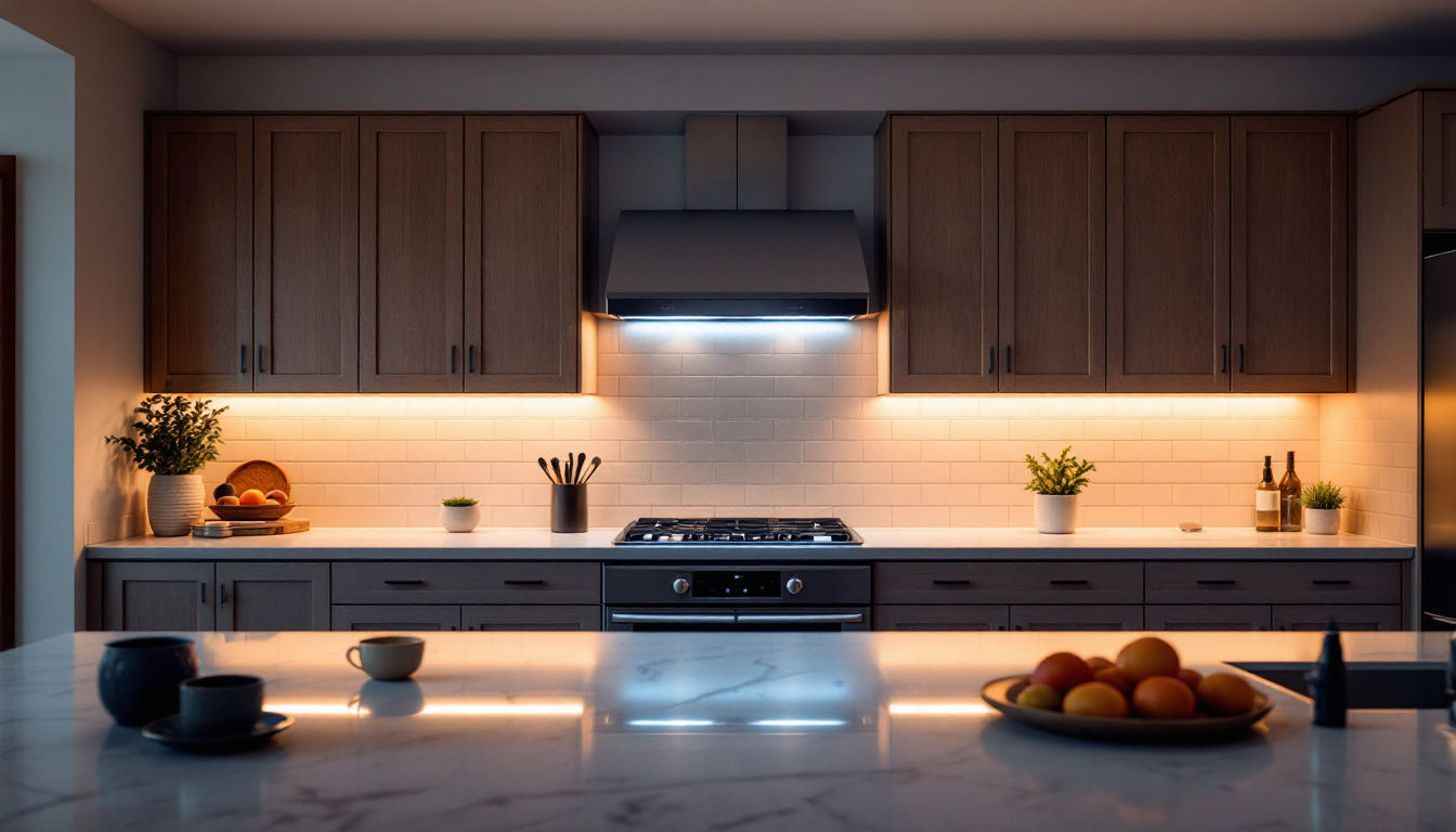 A photograph of a beautifully designed kitchen featuring under cabinet motion lighting in action
