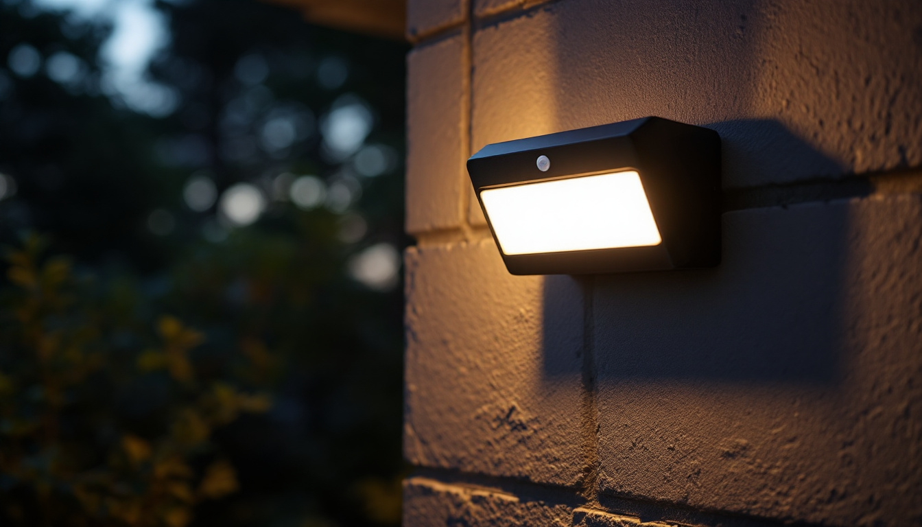 A photograph of a sleek outdoor motion sensor security light installed in a residential setting