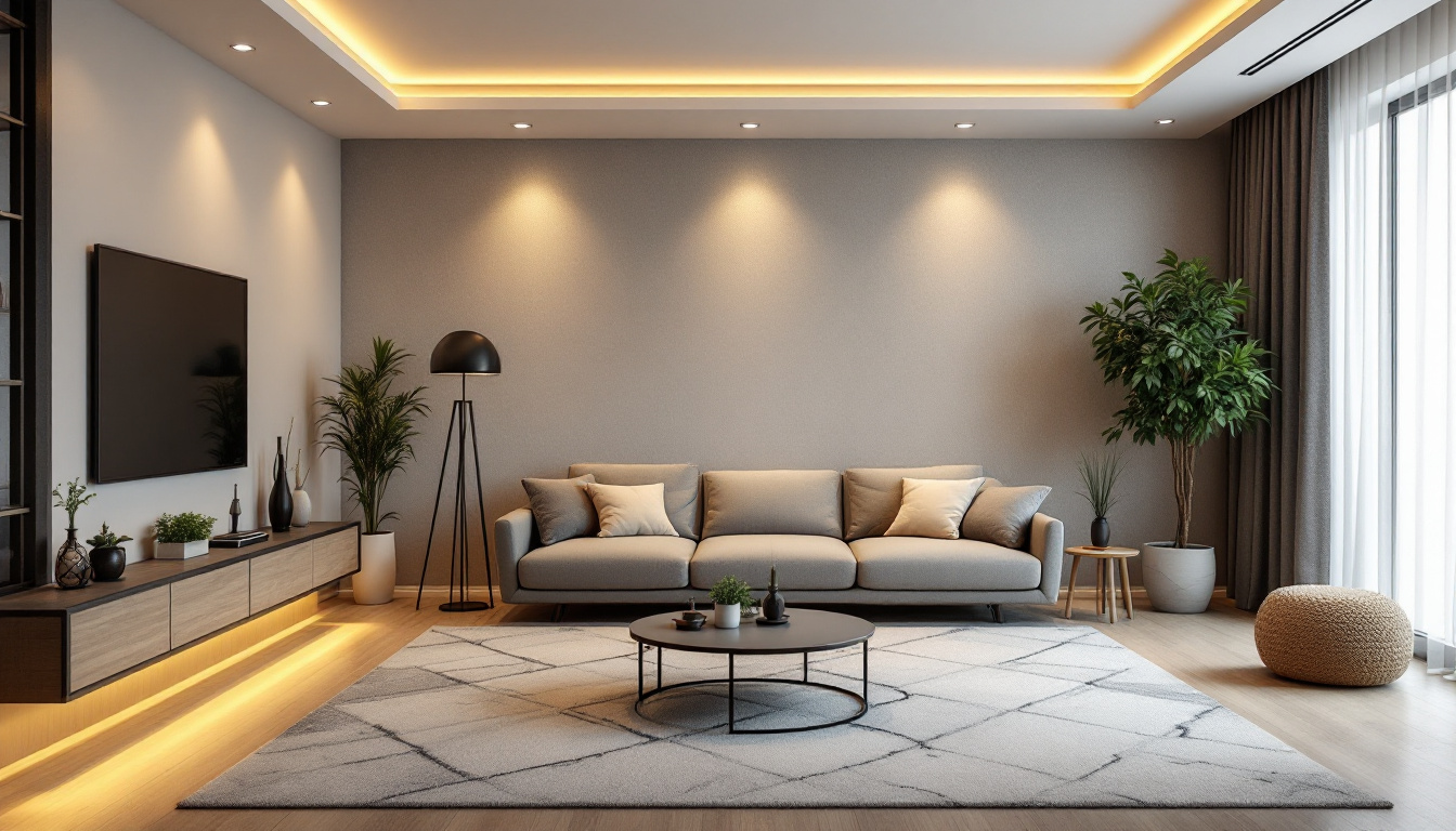 A photograph of a modern living space showcasing a beautifully installed recessed lighting setup