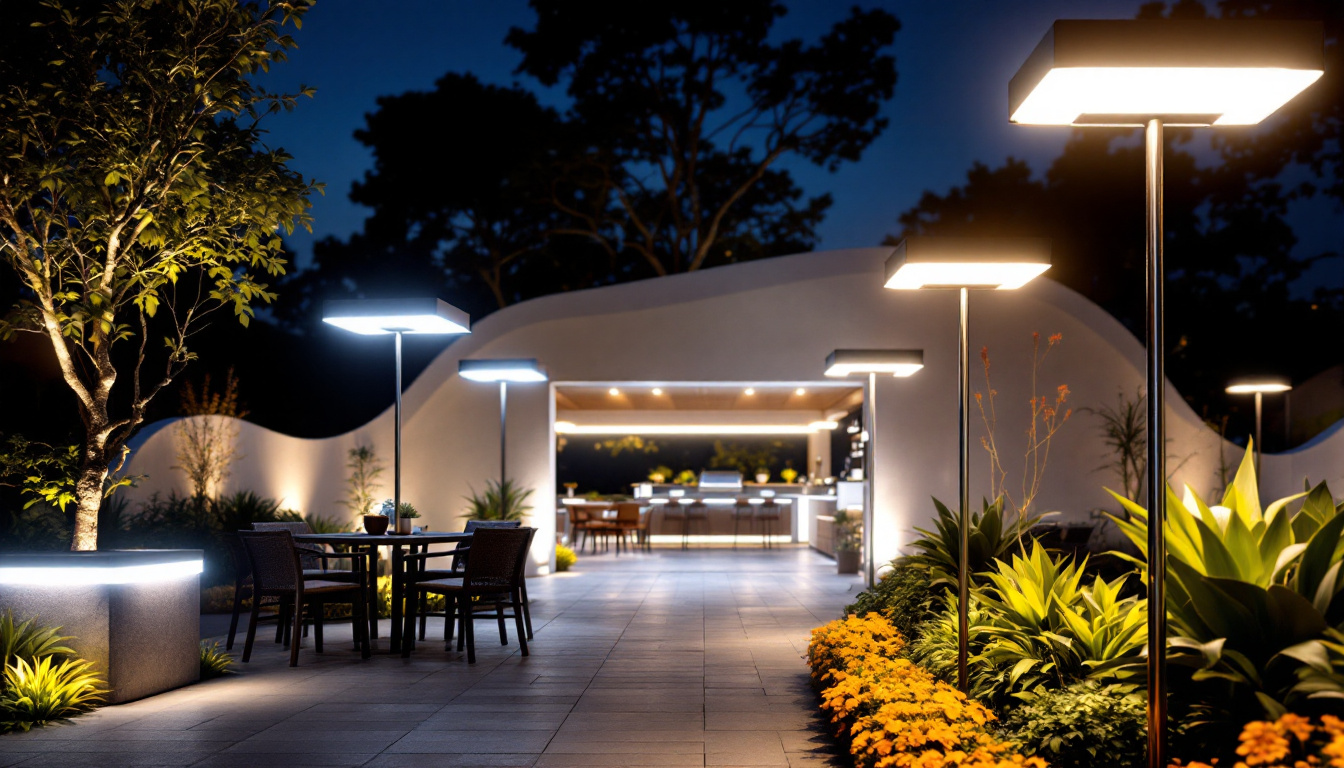 A photograph of a beautifully illuminated outdoor space featuring various styles of tube lights in use