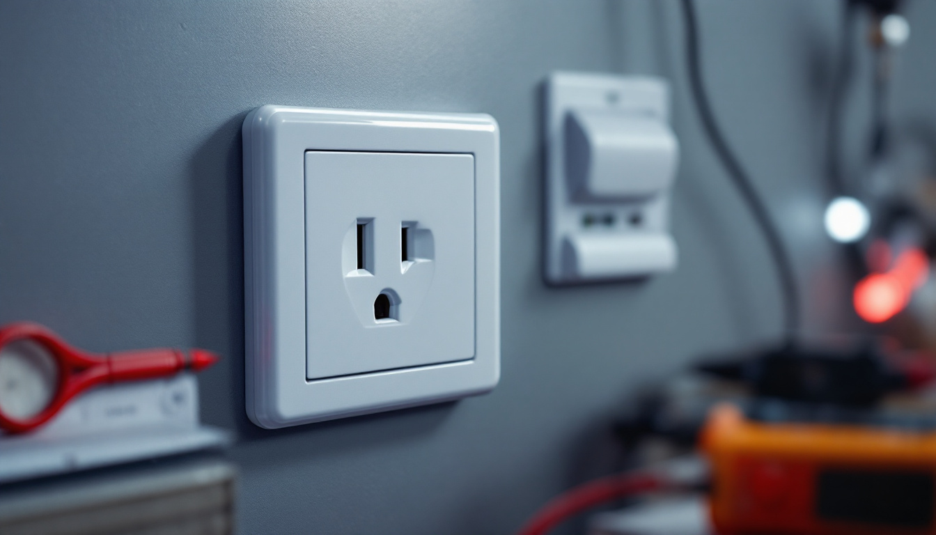 A photograph of a close-up shot of a clean and modern electrical outlet in a well-lit