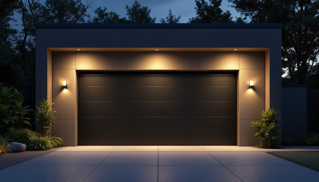 A photograph of a well-lit outdoor garage showcasing modern led lighting fixtures in use